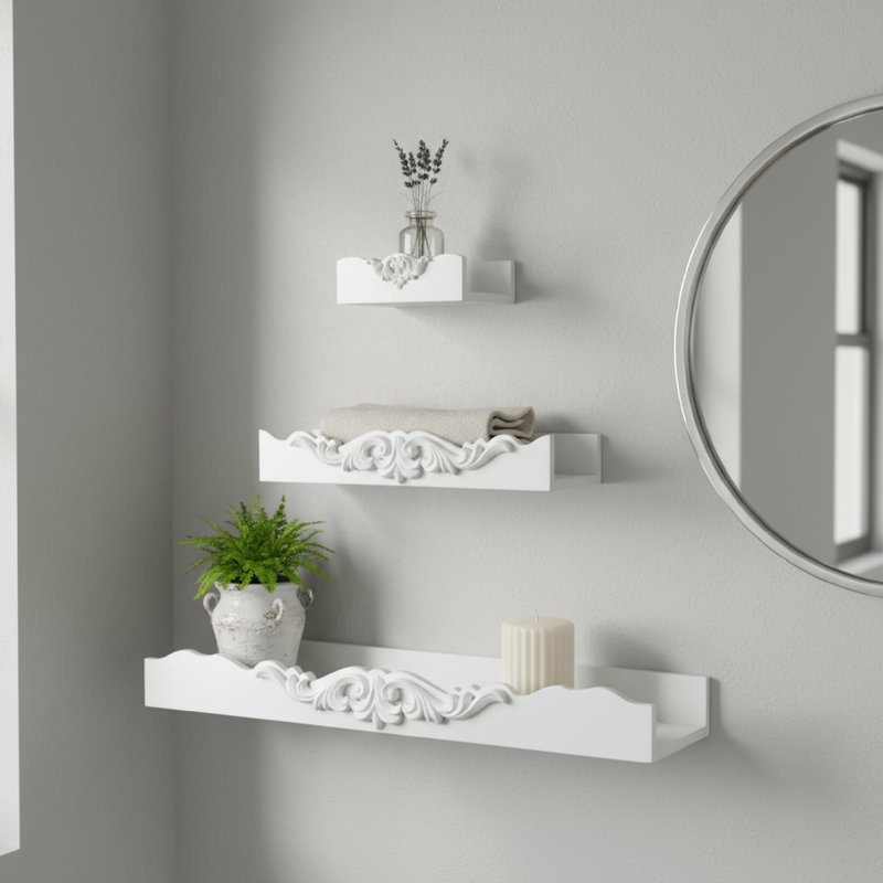 vintage style【shelf】VS-008 シェルフ・ディスプレイ台 Fleur De Lis Living Vintage White Ornate 3-Piece Floating Wall